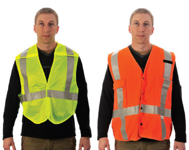 Two images of a man wearing a reflective vest